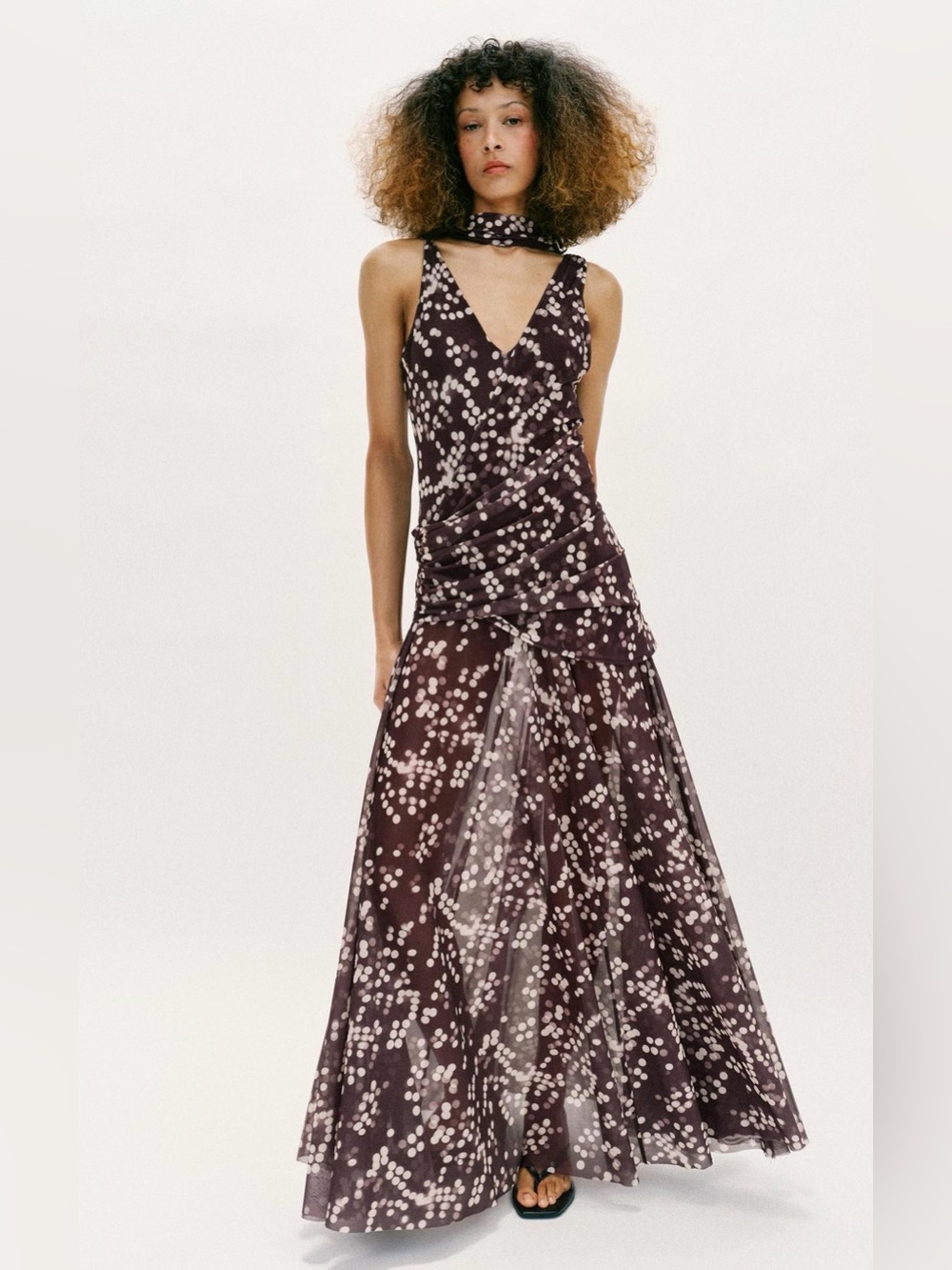 Zara Dark Plum Polka Dot Maxi Dress with Choker Detail
